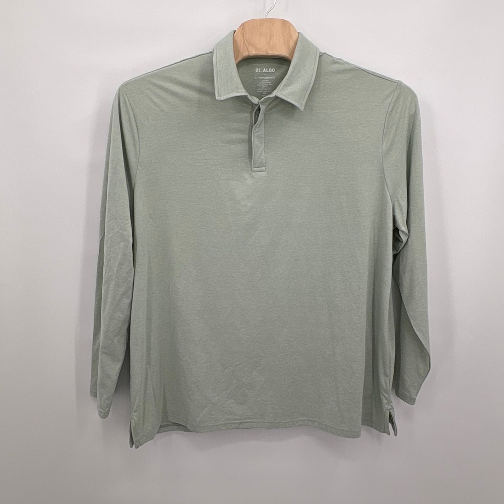 01.Algo Performance Mens‎ XXL Sage Green Long Sleeve Polo Shirt UPF 40 Wicking